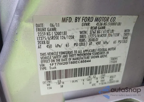 2011 Ford F-250 Lariat from USA, damaged, VIN 1FT7W2BT8BEC85844